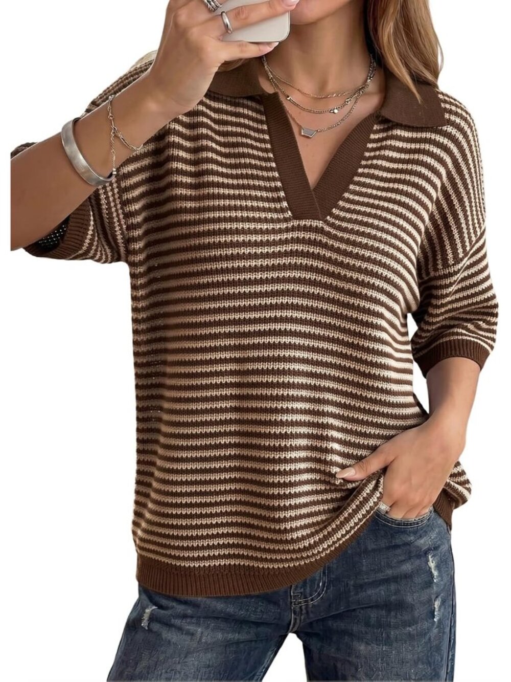 Women's Striped Half Sleeve Knit Sweater with Collared V-Neck